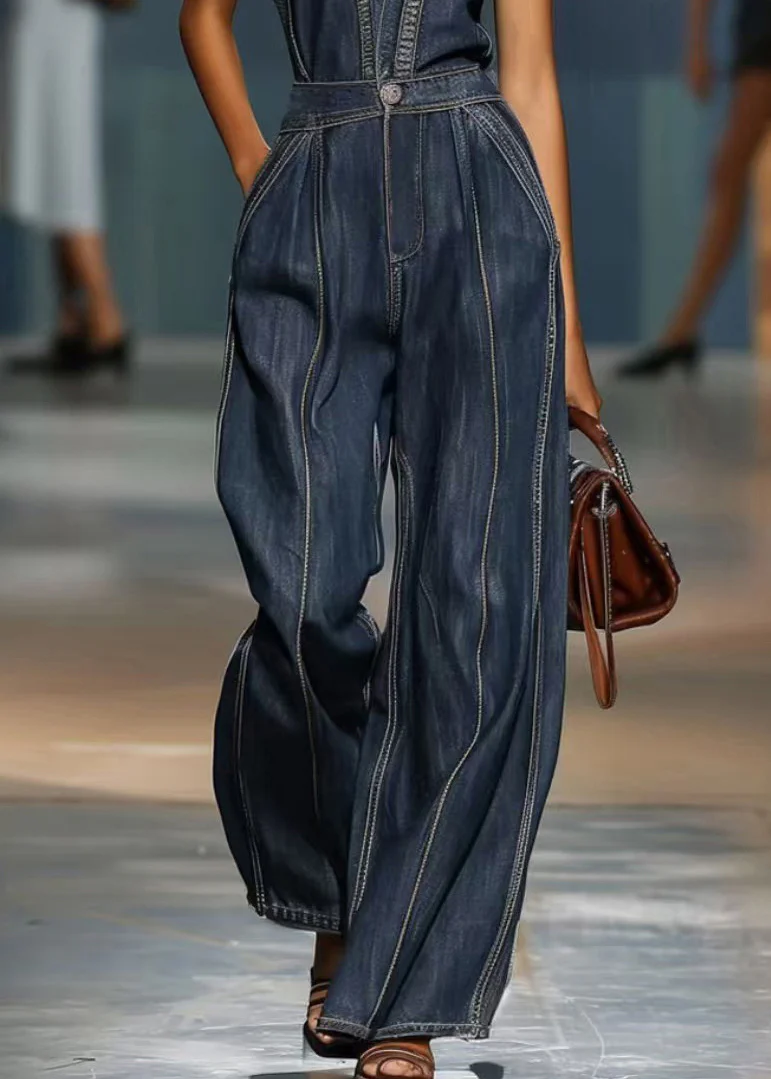 Vintage Denim Blue V Neck Pockets High Waist Jumpsuits Sleeveless - Image 4