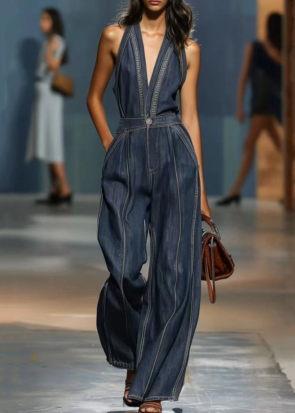 Vintage Denim Blue V Neck Pockets High Waist Jumpsuits Sleeveless - Image 5