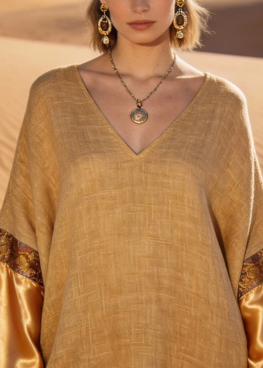 Vintage Earth Yellow V Neck Print Silk Patchwork Linen Mini Dresses Spring - Image 2