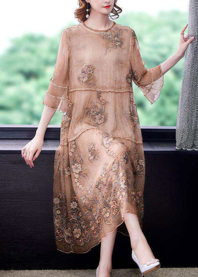 Vintage Embroidered Ruffled Patchwork Silk Long Dress Half Sleeve - Image 2