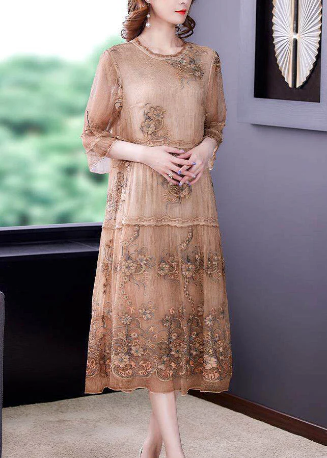 Vintage Embroidered Ruffled Patchwork Silk Long Dress Half Sleeve - Image 3