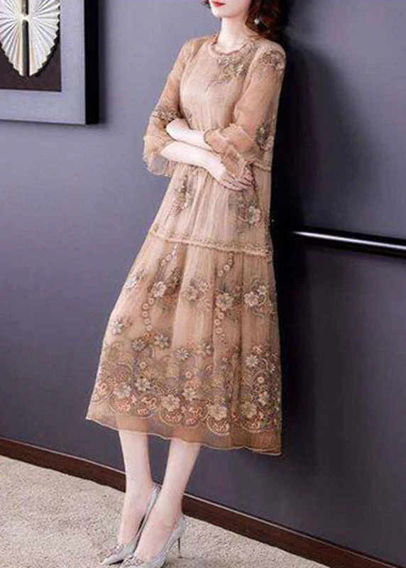 Vintage Embroidered Ruffled Patchwork Silk Long Dress Half Sleeve - Image 4