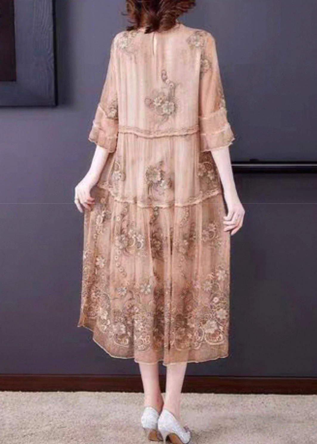 Vintage Embroidered Ruffled Patchwork Silk Long Dress Half Sleeve - Image 5