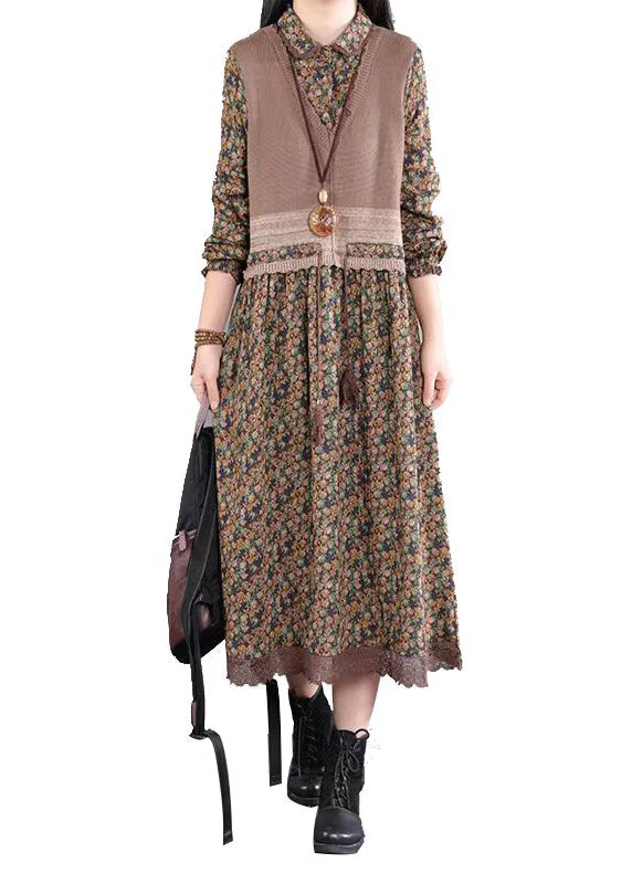 Vintage Flower Knitted Lace Drawstring Splice Fake Two Piece Dress Autumn - Image 5