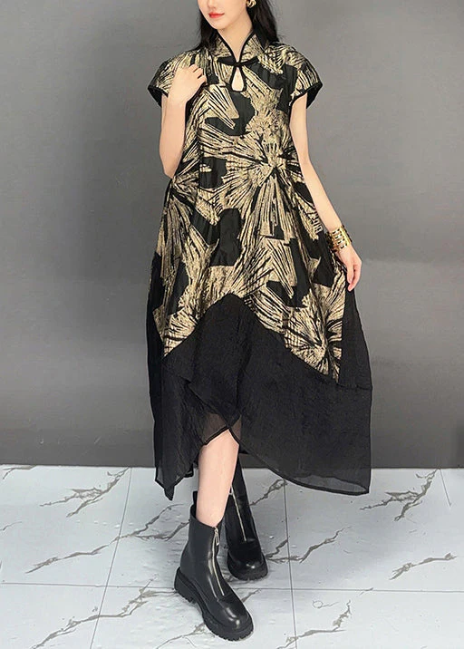 Vintage Gold Stand Collar Print Patchwork CottonDresses Summer - Image 3