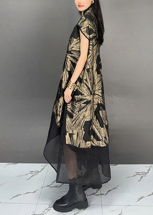 Vintage Gold Stand Collar Print Patchwork CottonDresses Summer - Image 4