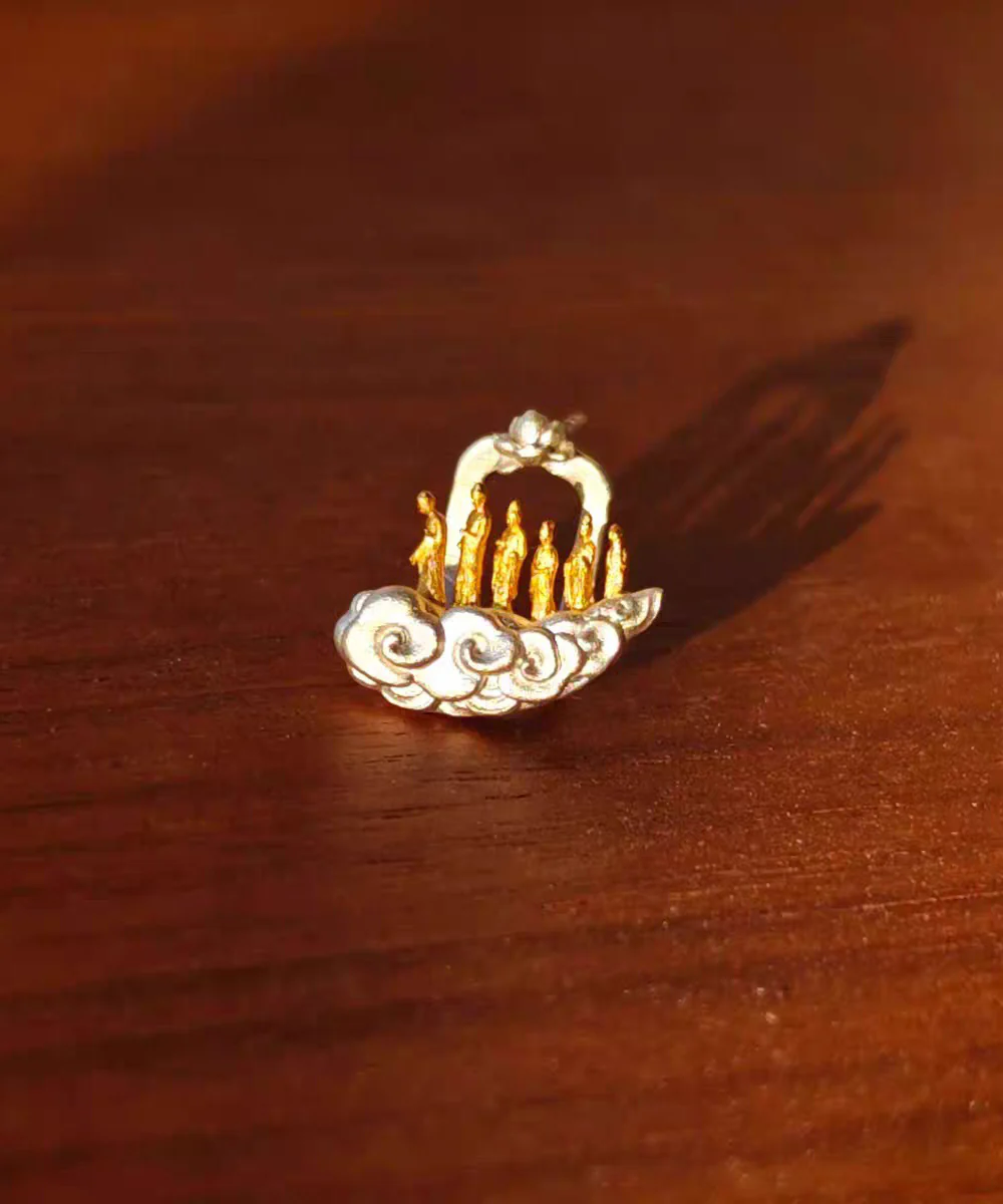 Vintage Gold Sterling Silver Overgild Auspicious Clouds Lotus Six Buddhas Stud Earrings - Image 2