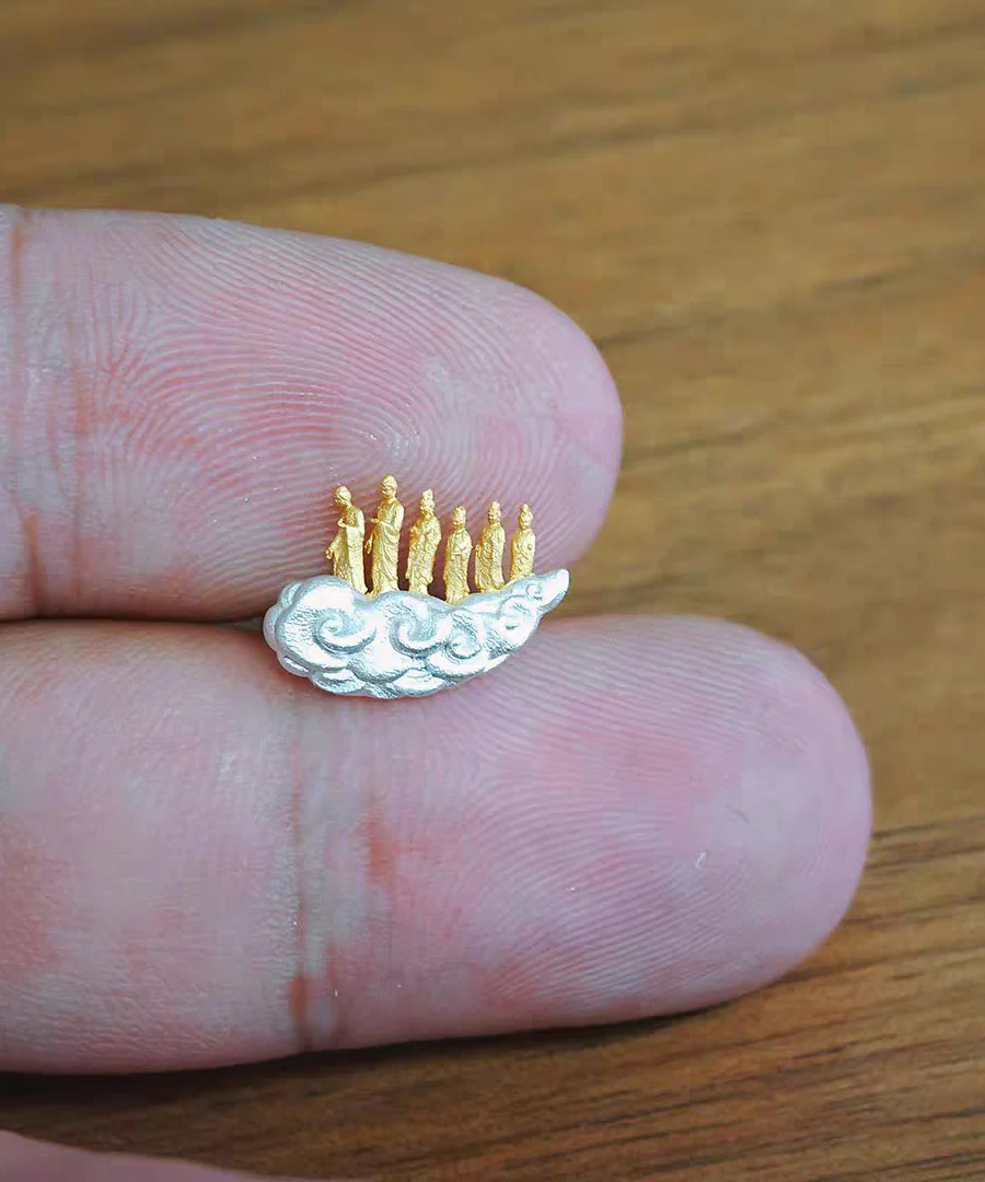 Vintage Gold Sterling Silver Overgild Auspicious Clouds Lotus Six Buddhas Stud Earrings - Image 3