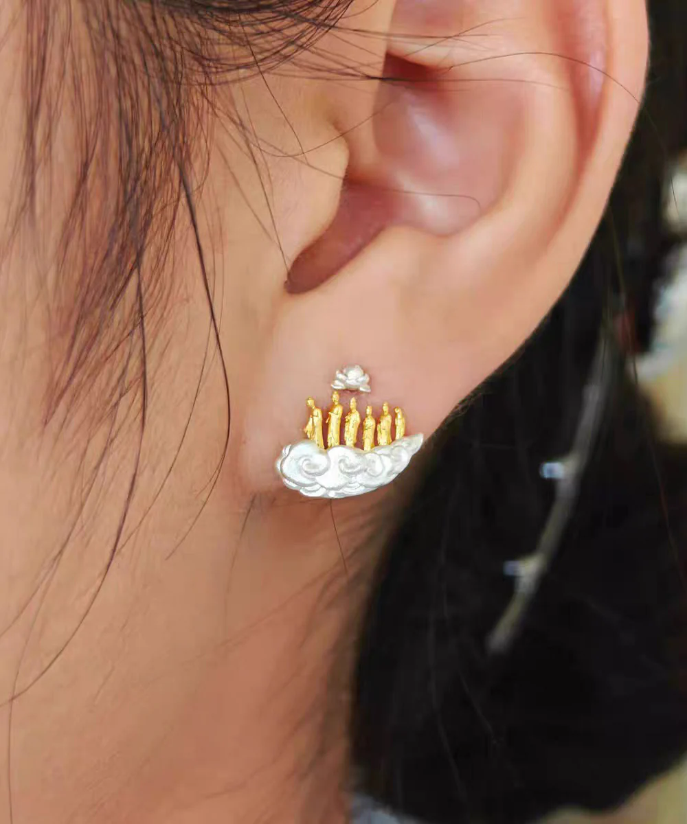 Vintage Gold Sterling Silver Overgild Auspicious Clouds Lotus Six Buddhas Stud Earrings - Image 4