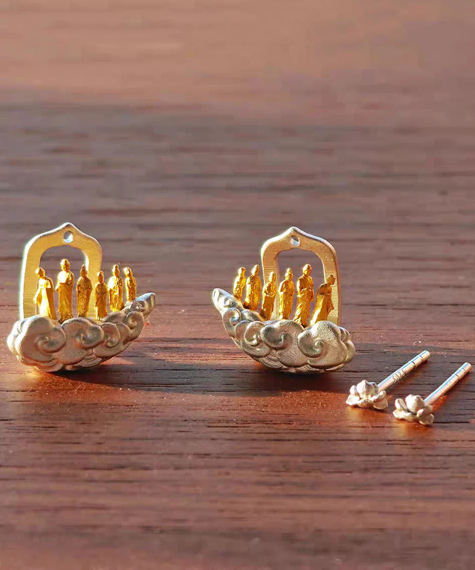 Vintage Gold Sterling Silver Overgild Auspicious Clouds Lotus Six Buddhas Stud Earrings - Image 5