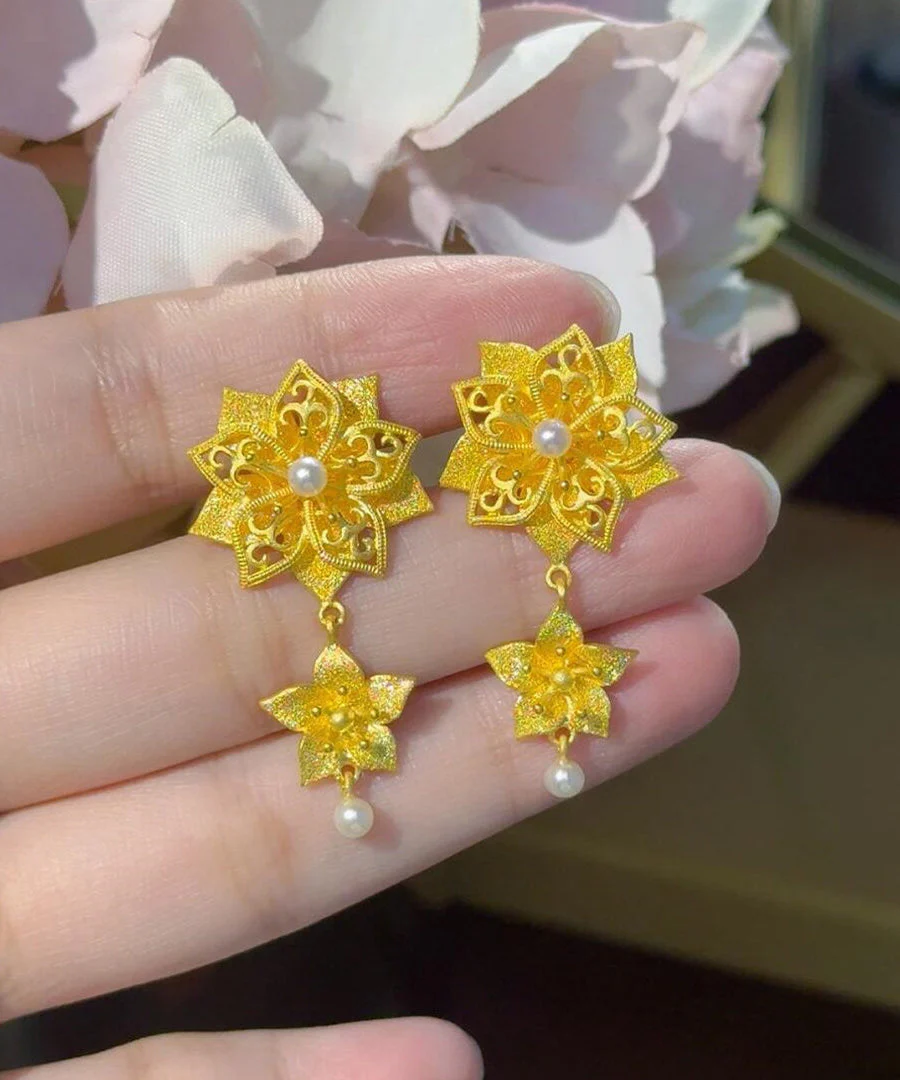 Vintage Gold Sterling Silver Overgild Pearl Floral Drop Earrings - Image 4