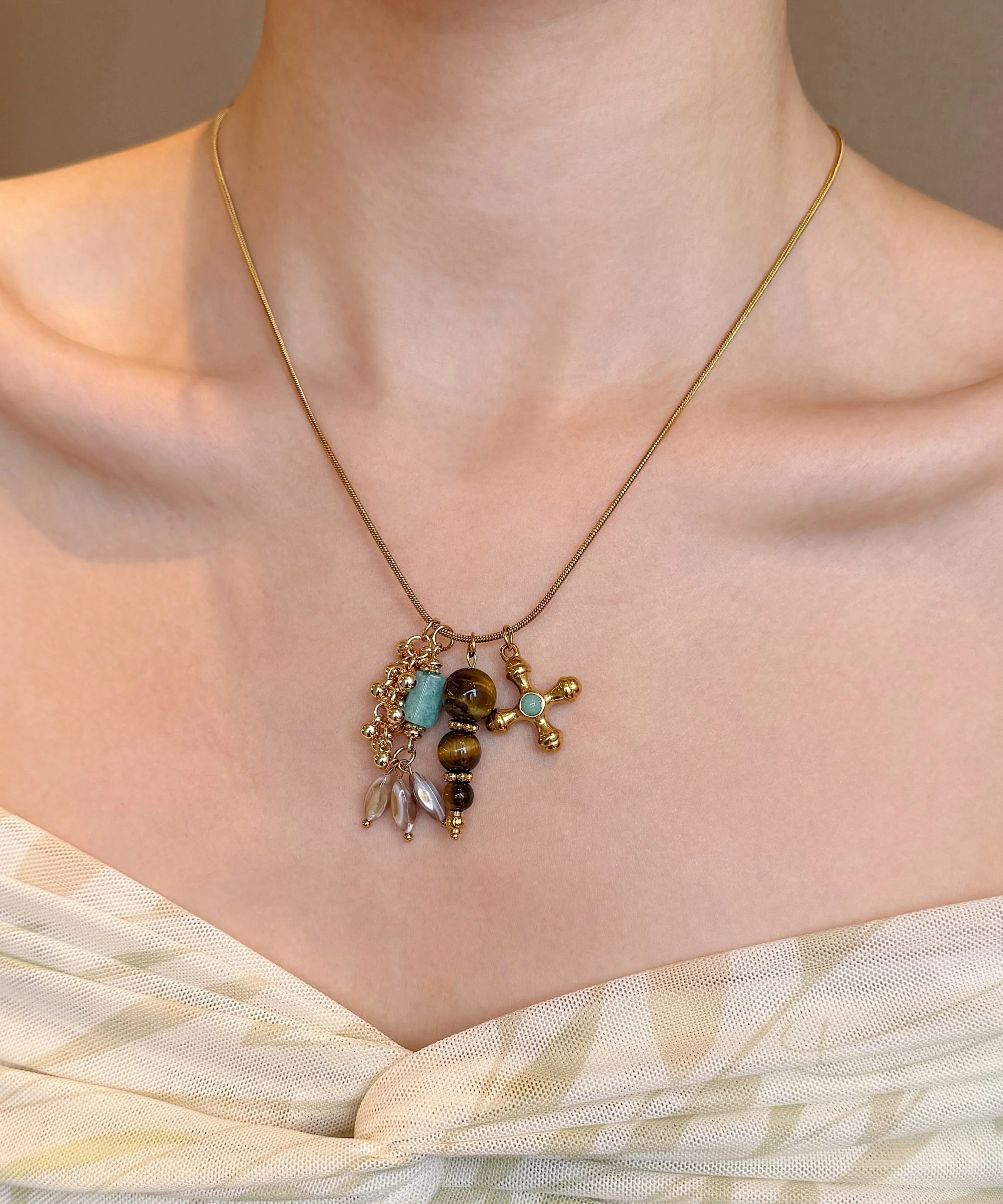 Vintage Gold Tiger's Eye Cross Gold Plated Pendant Necklace - Image 2