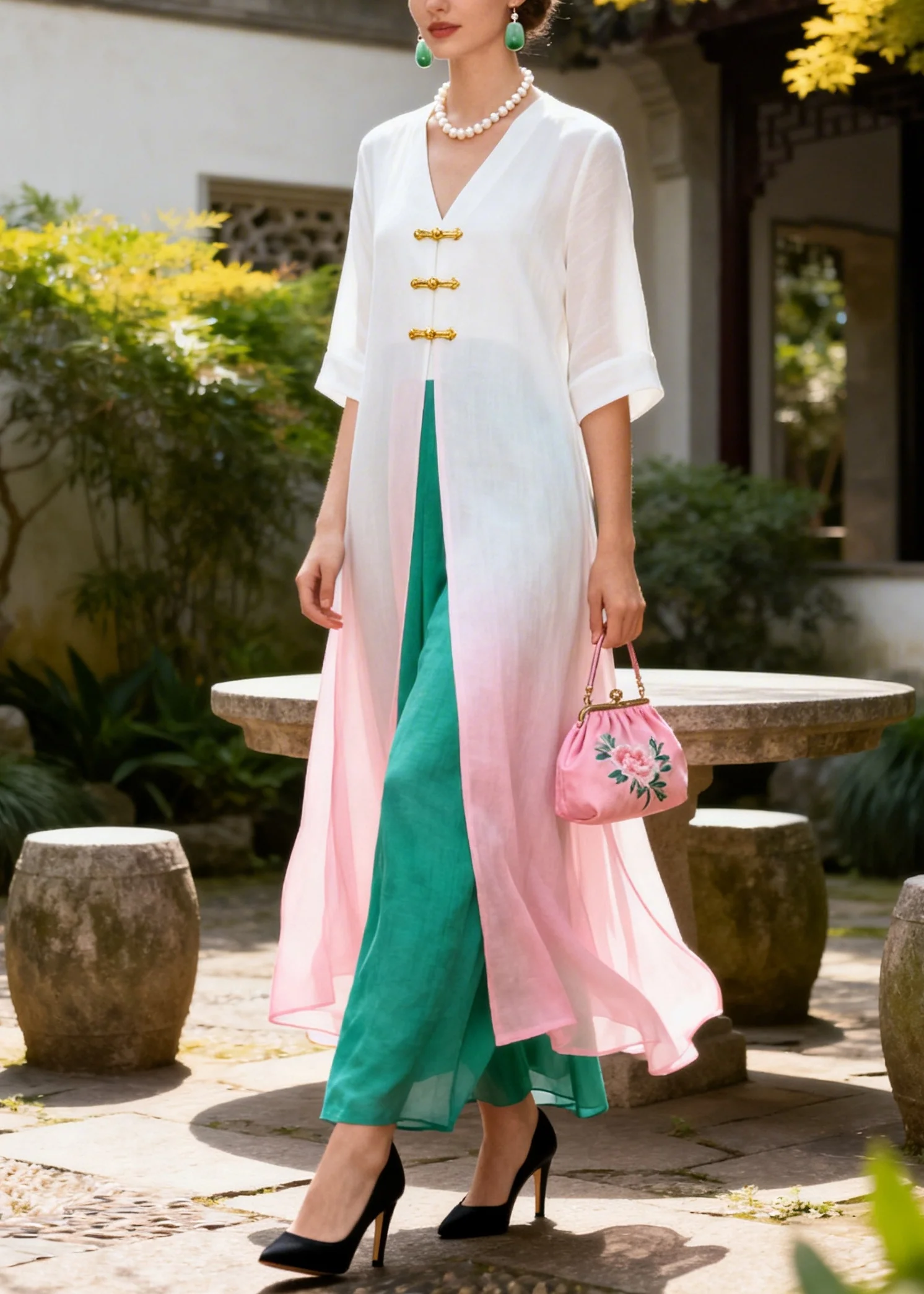 Vintage Gradient Pink Chinese Button Cotton Two Piece Set Summer - Image 3