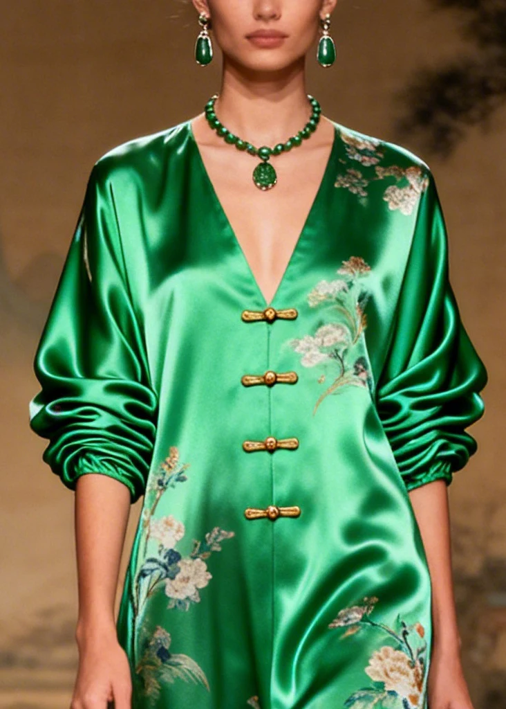 Vintage Grass Green Print Chinese Button Draping Silk Dress Long Sleeve - Image 2