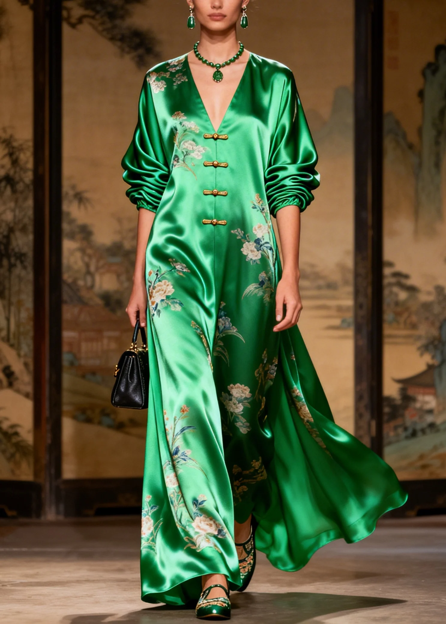 Vintage Grass Green Print Chinese Button Draping Silk Dress Long Sleeve - Image 3