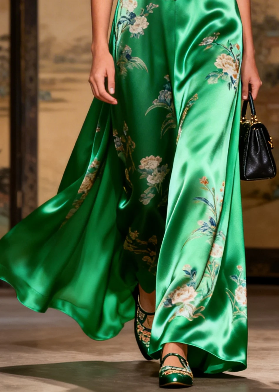 Vintage Grass Green Print Chinese Button Draping Silk Dress Long Sleeve - Image 4