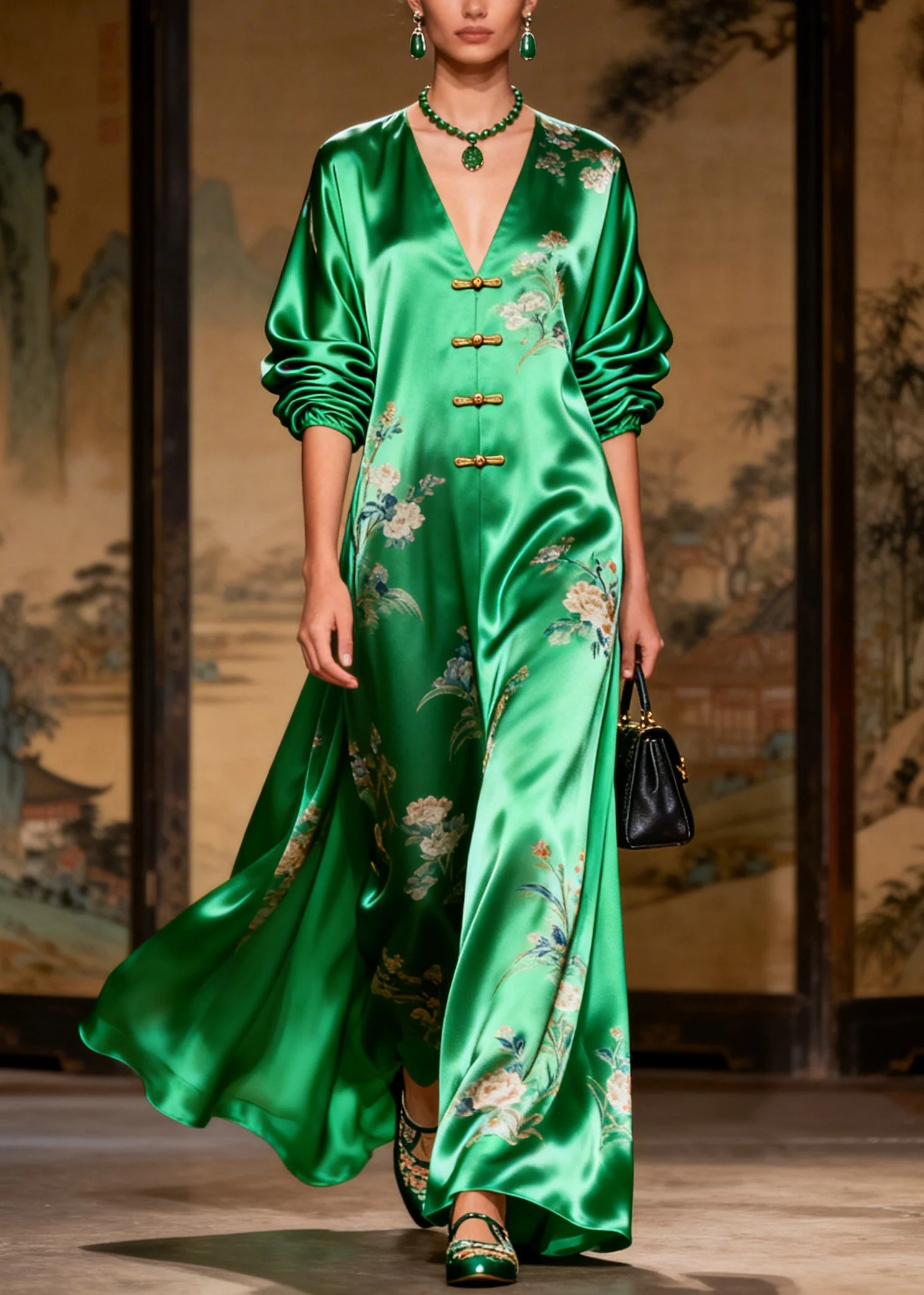 Vintage Grass Green Print Chinese Button Draping Silk Dress Long Sleeve - Image 5