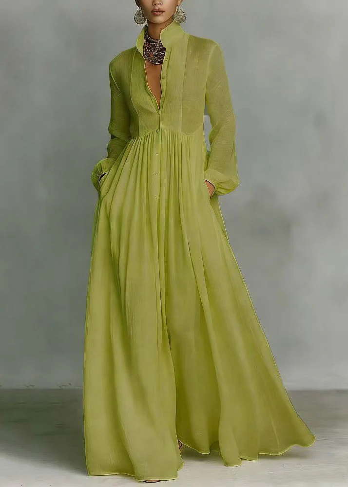 Vintage Grass Green Stand Collar Exra Large Hem Cotton Holiday Dress Summer