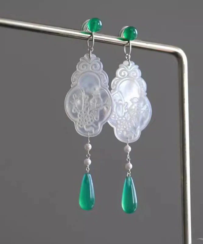 Vintage Green Copper Jade Flowers And Birds Water Droplet Drop Earrings - Image 3