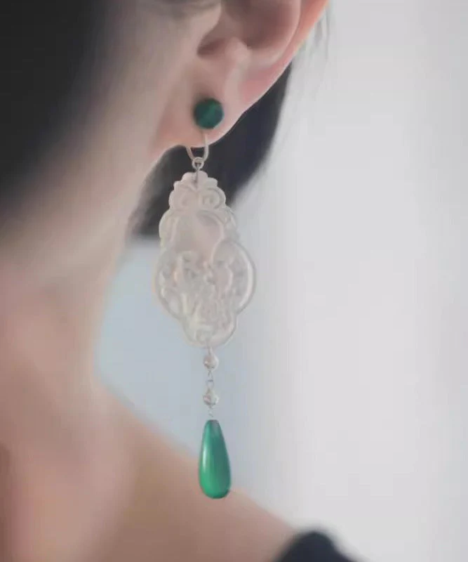 Vintage Green Copper Jade Flowers And Birds Water Droplet Drop Earrings - Image 4