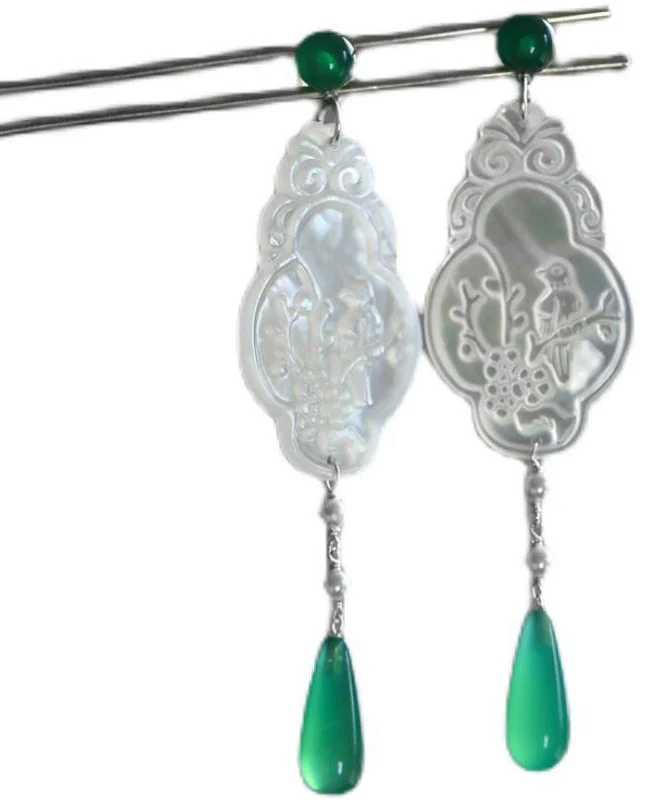 Vintage Green Copper Jade Flowers And Birds Water Droplet Drop Earrings - Image 5
