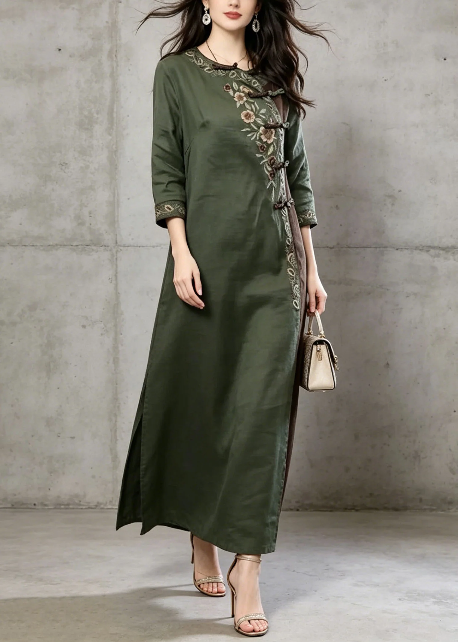 Vintage Green Embroidered Chinese Button Cotton Dress Summer - Image 3