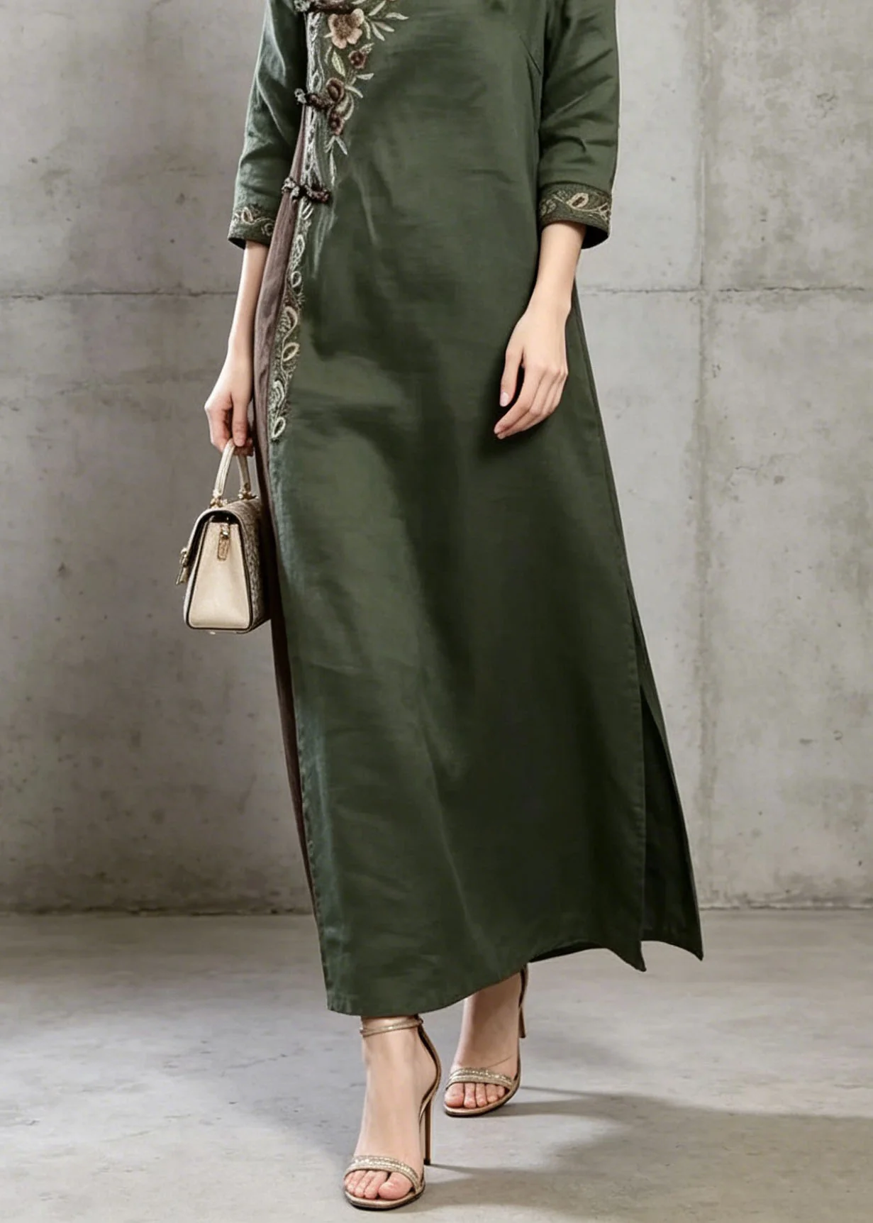Vintage Green Embroidered Chinese Button Cotton Dress Summer - Image 4