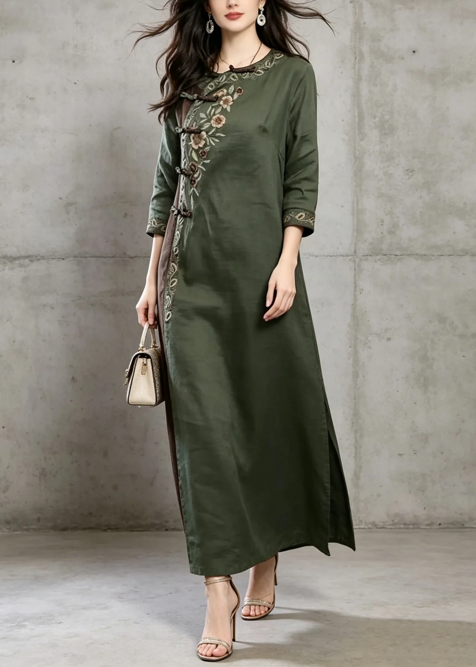 Vintage Green Embroidered Chinese Button Cotton Dress Summer - Image 5