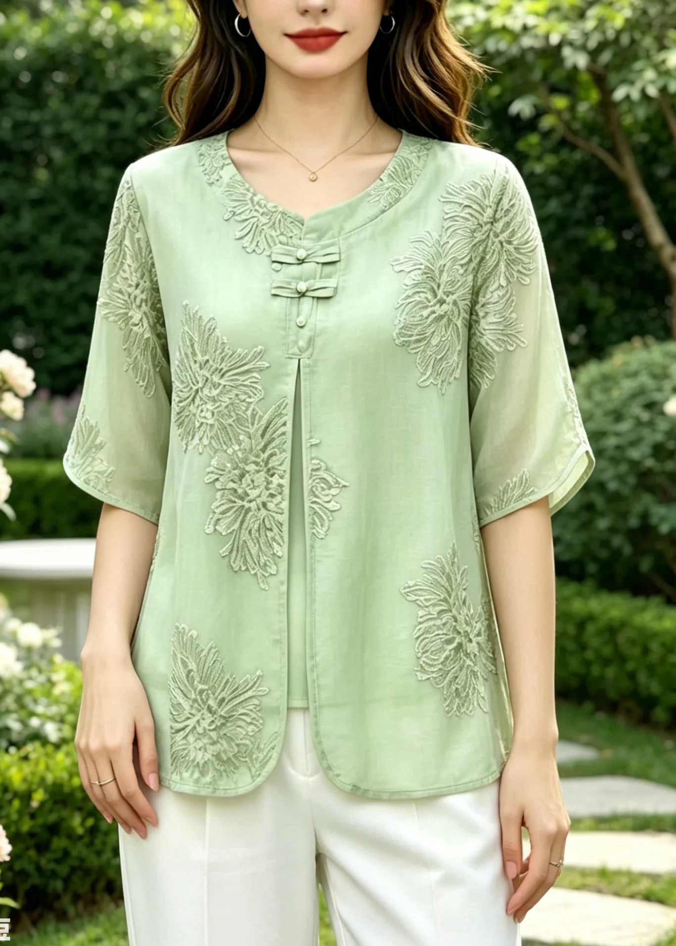 Vintage Green Embroidered Silk Fake Two Piece Shirts Summer - Image 3