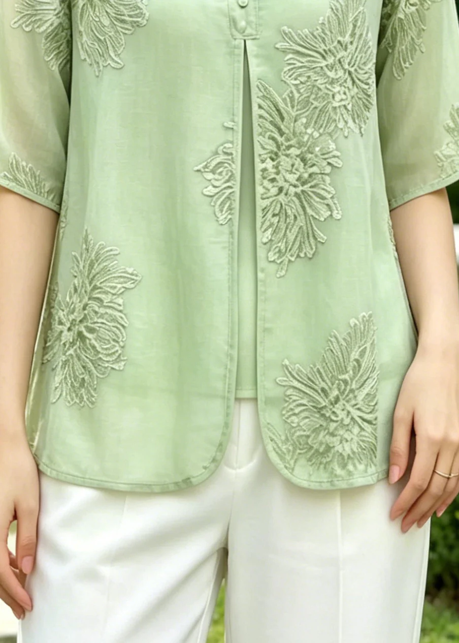 Vintage Green Embroidered Silk Fake Two Piece Shirts Summer - Image 4