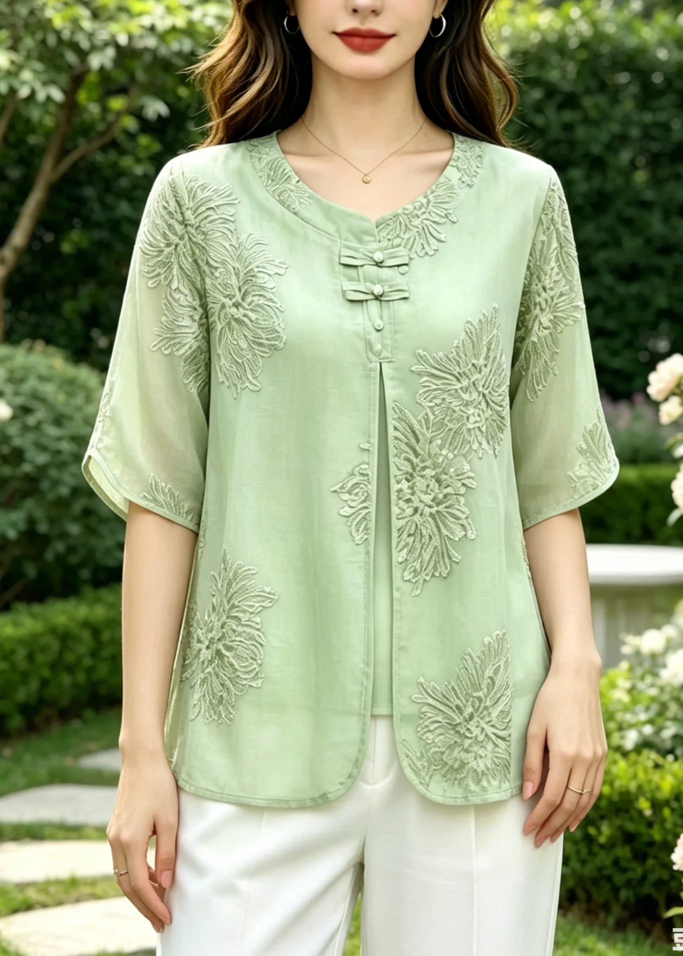Vintage Green Embroidered Silk Fake Two Piece Shirts Summer - Image 5
