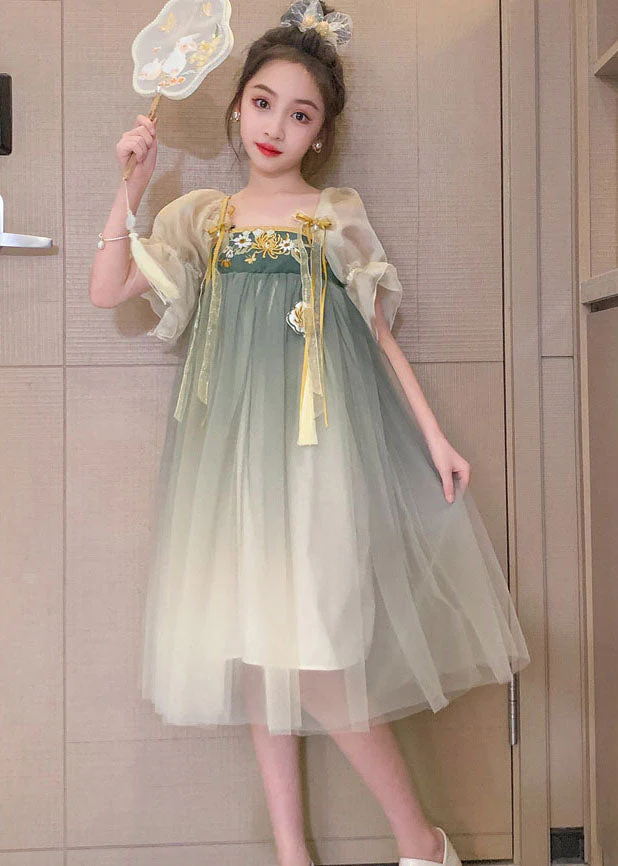 Vintage Green Gradient Embroideried Patchwork Tulle Baby Girls Dresses Summer