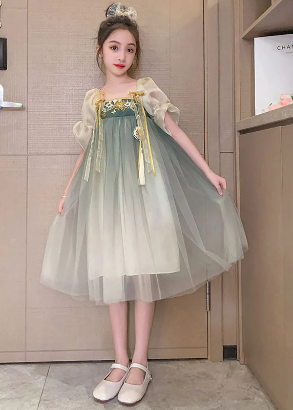 Vintage Green Gradient Embroideried Patchwork Tulle Baby Girls Dresses Summer - Image 3