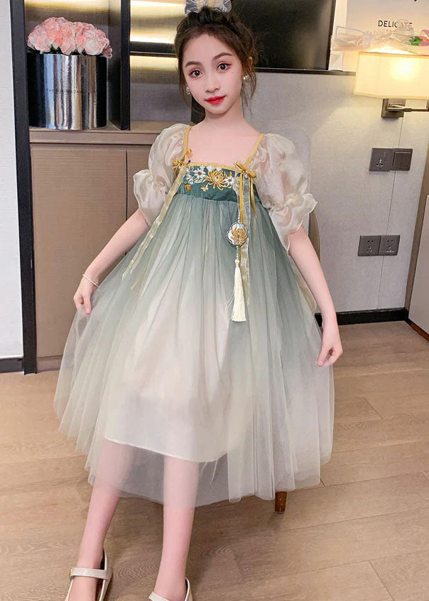 Vintage Green Gradient Embroideried Patchwork Tulle Baby Girls Dresses Summer - Image 4