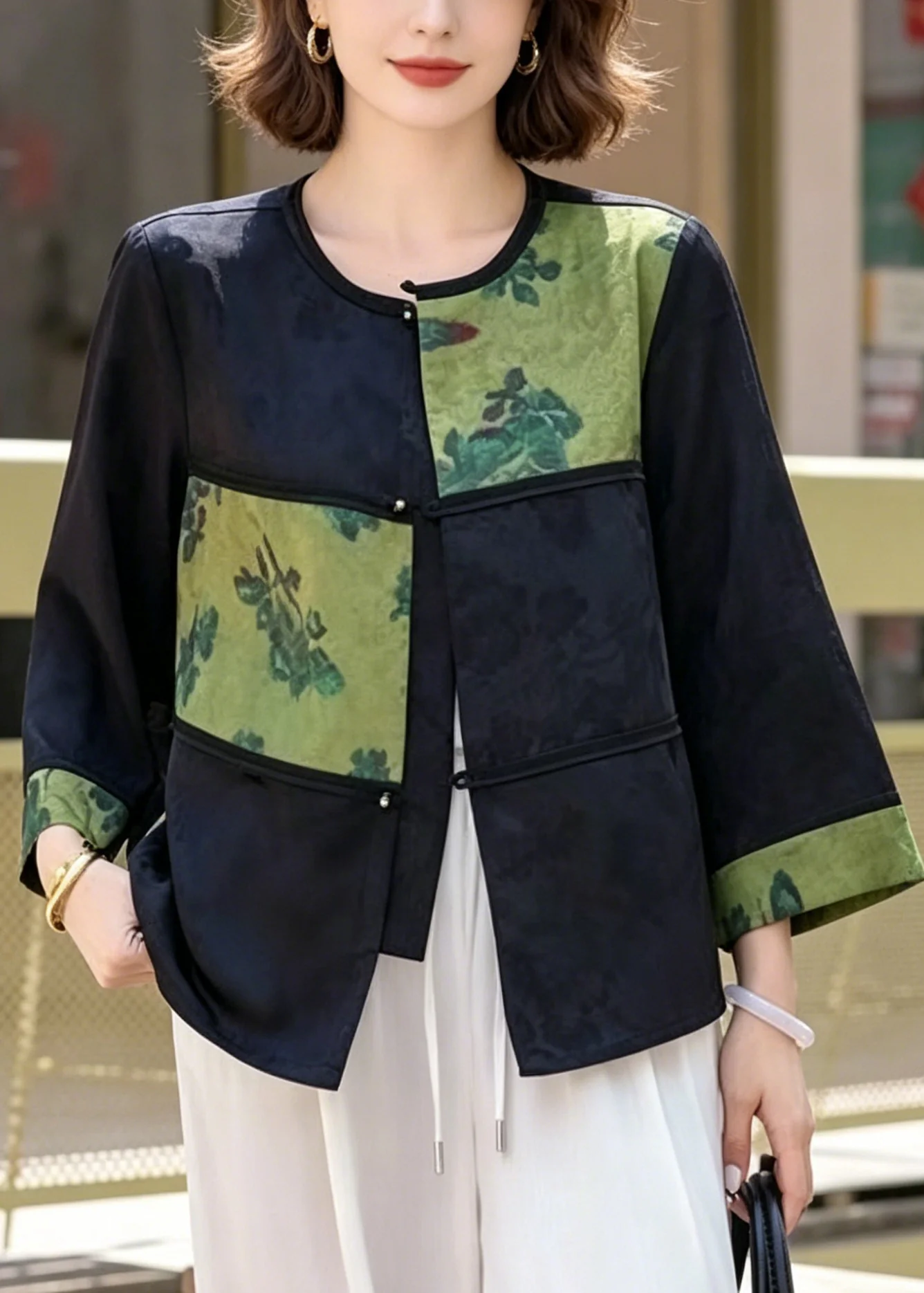 Vintage Green Jacquard Patchwork Silk Oriental Coats Bracelet Sleeve - Image 3
