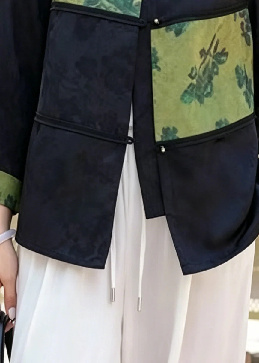 Vintage Green Jacquard Patchwork Silk Oriental Coats Bracelet Sleeve - Image 4