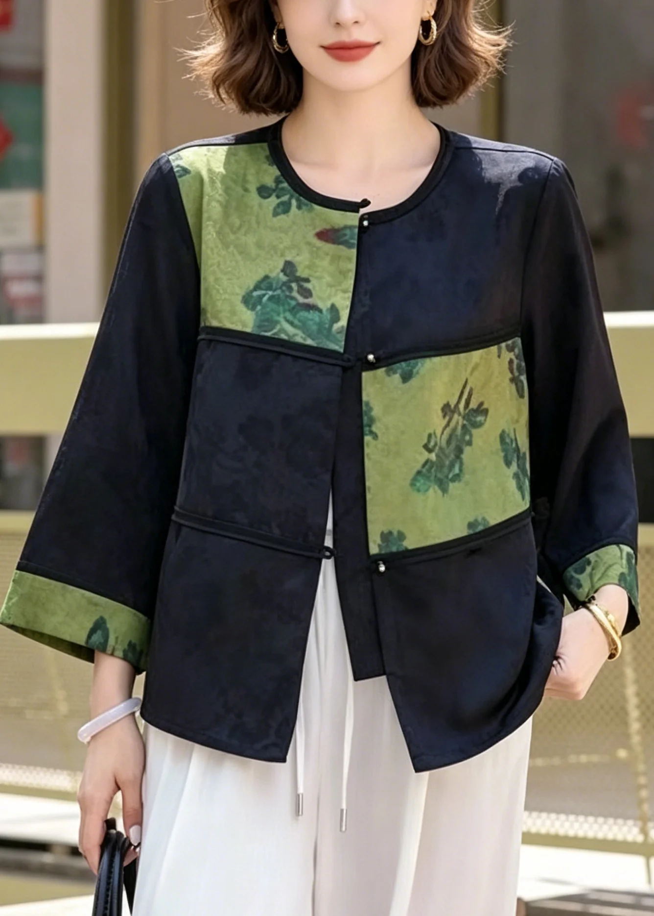 Vintage Green Jacquard Patchwork Silk Oriental Coats Bracelet Sleeve - Image 5