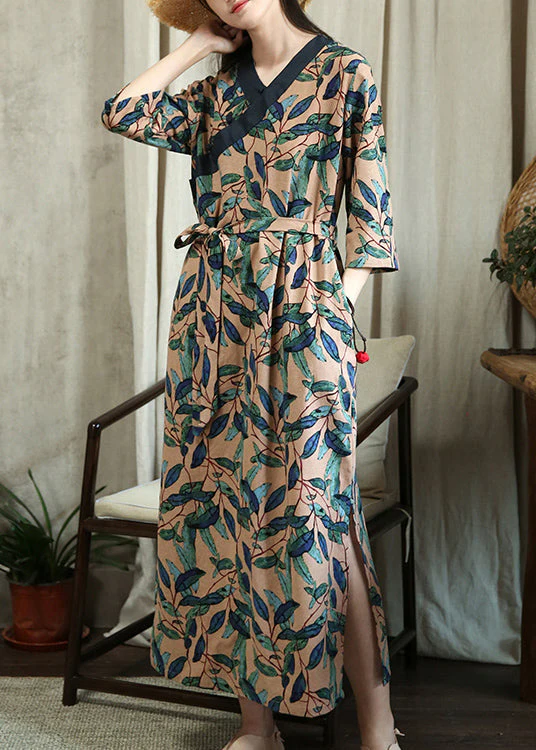Vintage Green Leaves Print Tie Waist Pockets Cotton Maxi Dresses Half Sleeve - Image 4