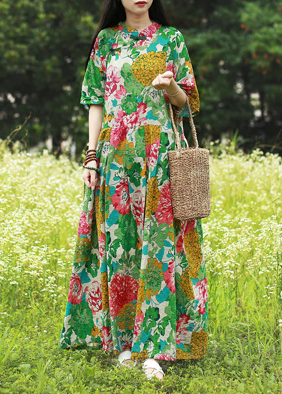Vintage Green Mandarin Collar Cinched Print Maxi Dress Half Sleeve
