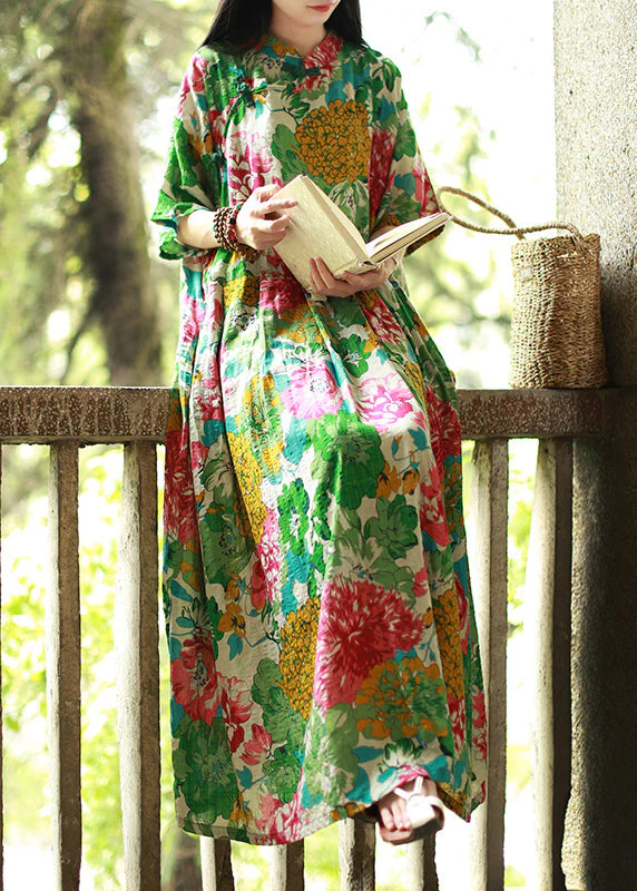Vintage Green Mandarin Collar Cinched Print Maxi Dress Half Sleeve - Image 2