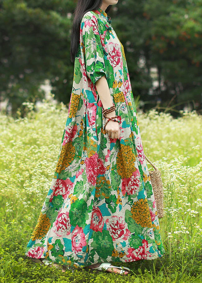Vintage Green Mandarin Collar Cinched Print Maxi Dress Half Sleeve - Image 3