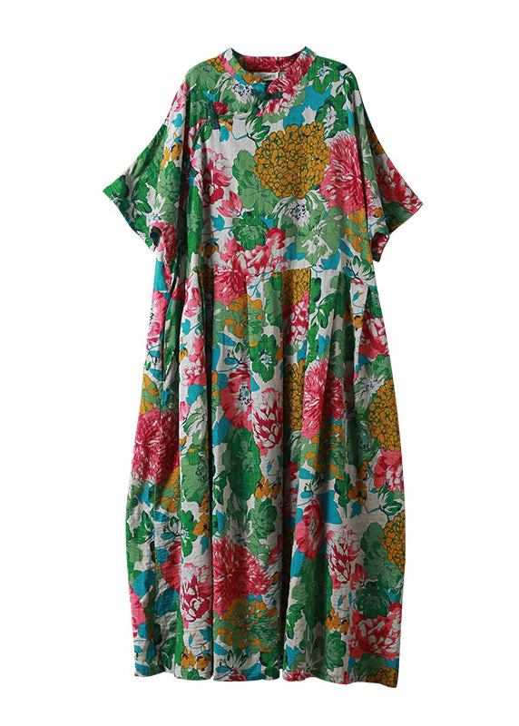 Vintage Green Mandarin Collar Cinched Print Maxi Dress Half Sleeve - Image 4