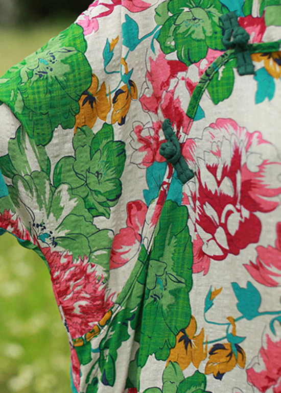 Vintage Green Mandarin Collar Cinched Print Maxi Dress Half Sleeve - Image 5