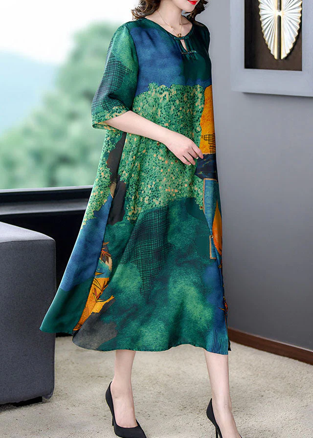 Vintage Green O Neck Print Button Patchwork Silk Dress Summer - Image 4