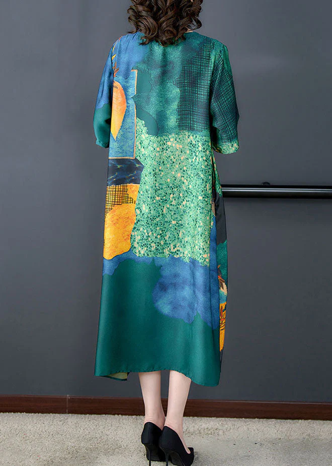 Vintage Green O Neck Print Button Patchwork Silk Dress Summer - Image 5