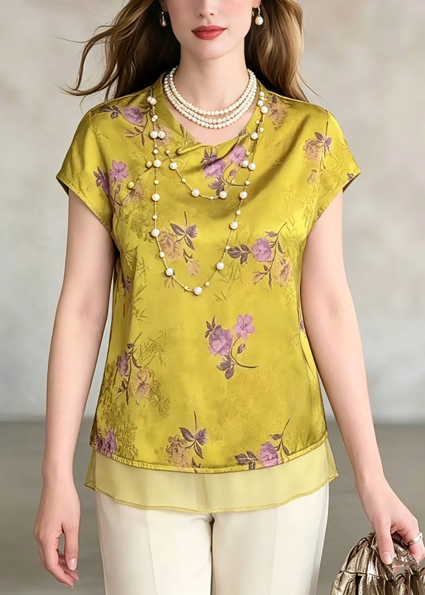 Vintage Green O-Neck Print Chiffo T Shirt Summer