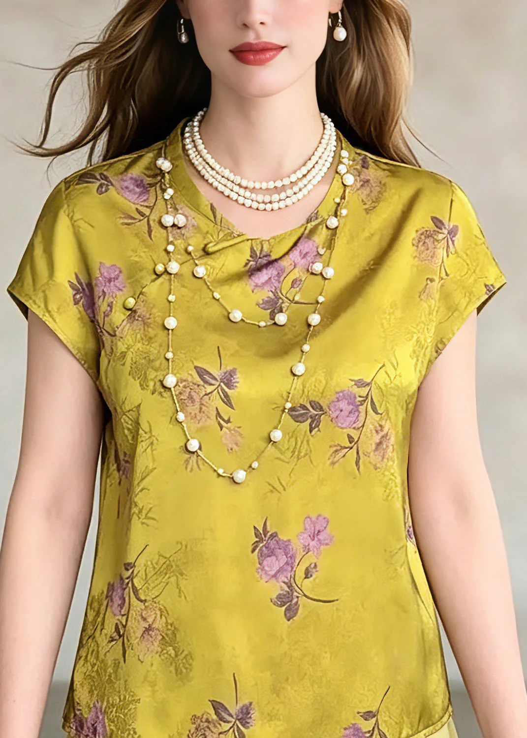 Vintage Green O-Neck Print Chiffo T Shirt Summer - Image 2