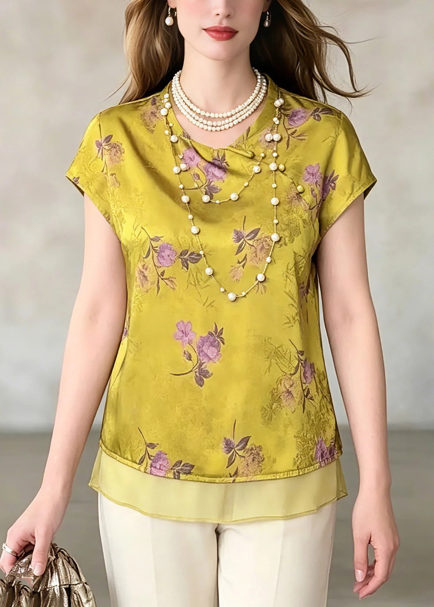 Vintage Green O-Neck Print Chiffo T Shirt Summer - Image 3