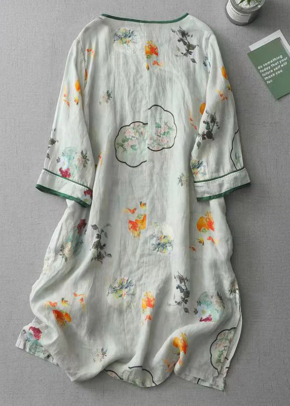 Vintage Green O Neck Print Chinese Button Cotton Dress Spring - Image 2