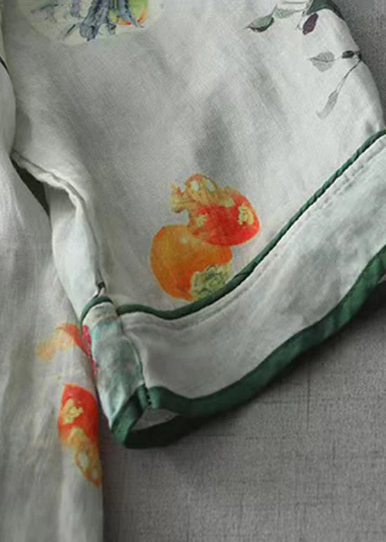 Vintage Green O Neck Print Chinese Button Cotton Dress Spring - Image 3
